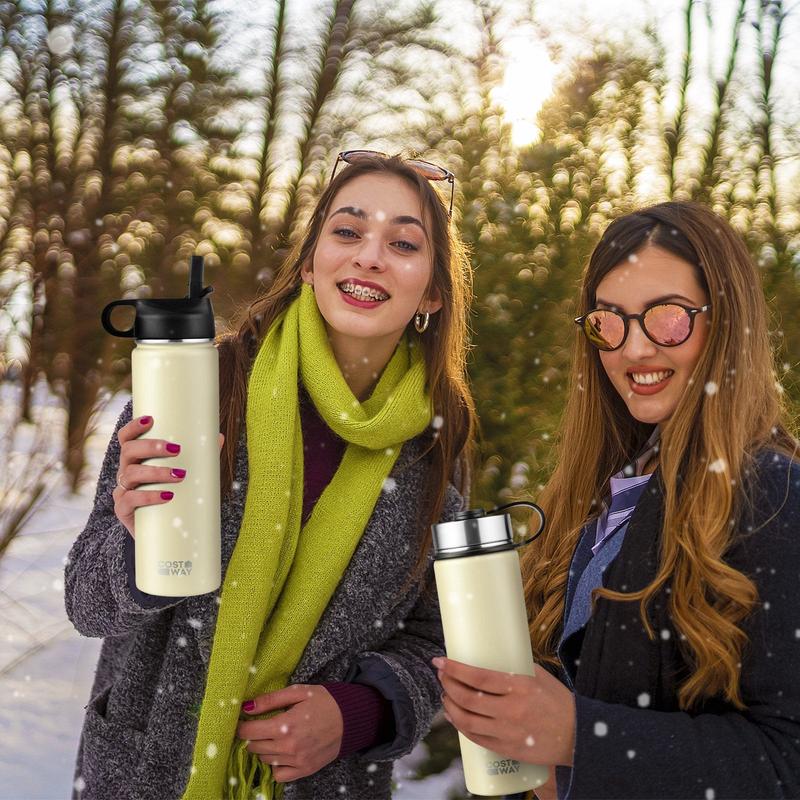 *22 Oz Double-walled Insulated Stainless Steel Water Bottle with 2 Lids and Straw - Beige