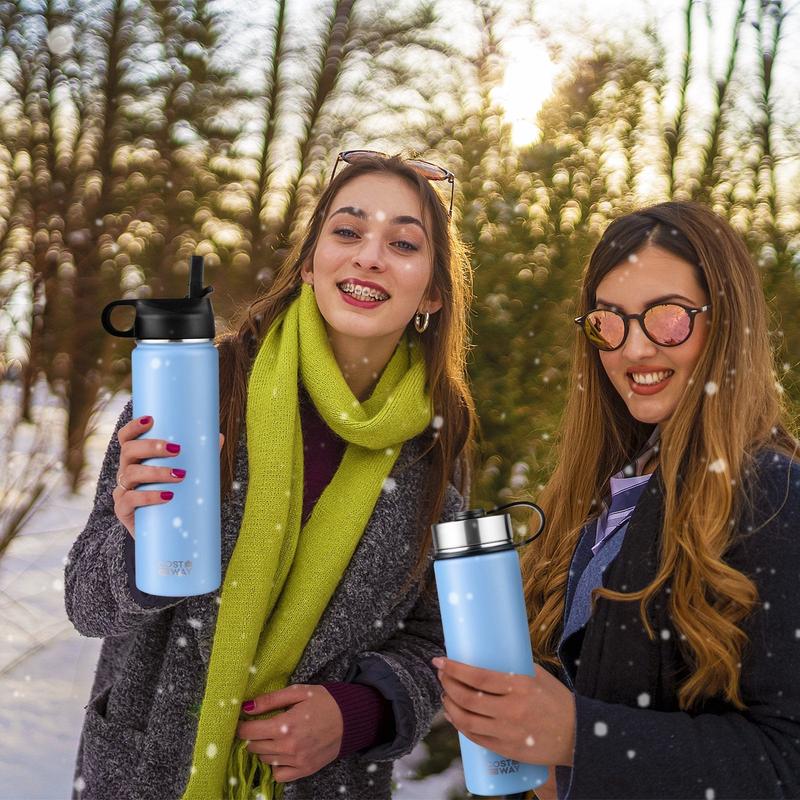 *22 Oz Double-walled Insulated Stainless Steel Water Bottle with 2 Lids and Straw - Blue