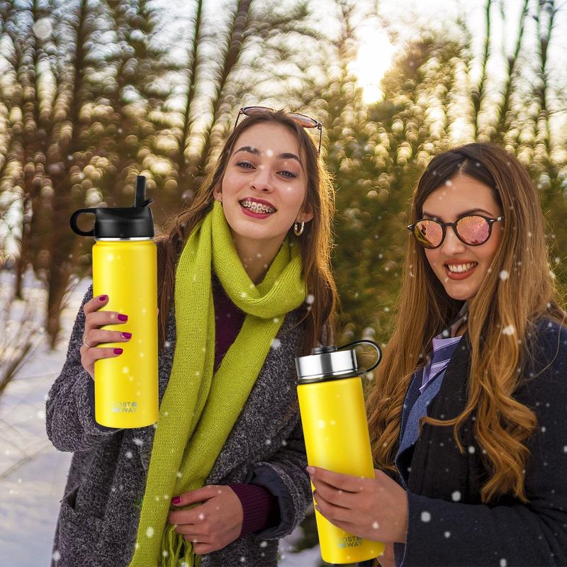 *22 Oz Double-walled Insulated Stainless Steel Water Bottle with 2 Lids and Straw - Yellow