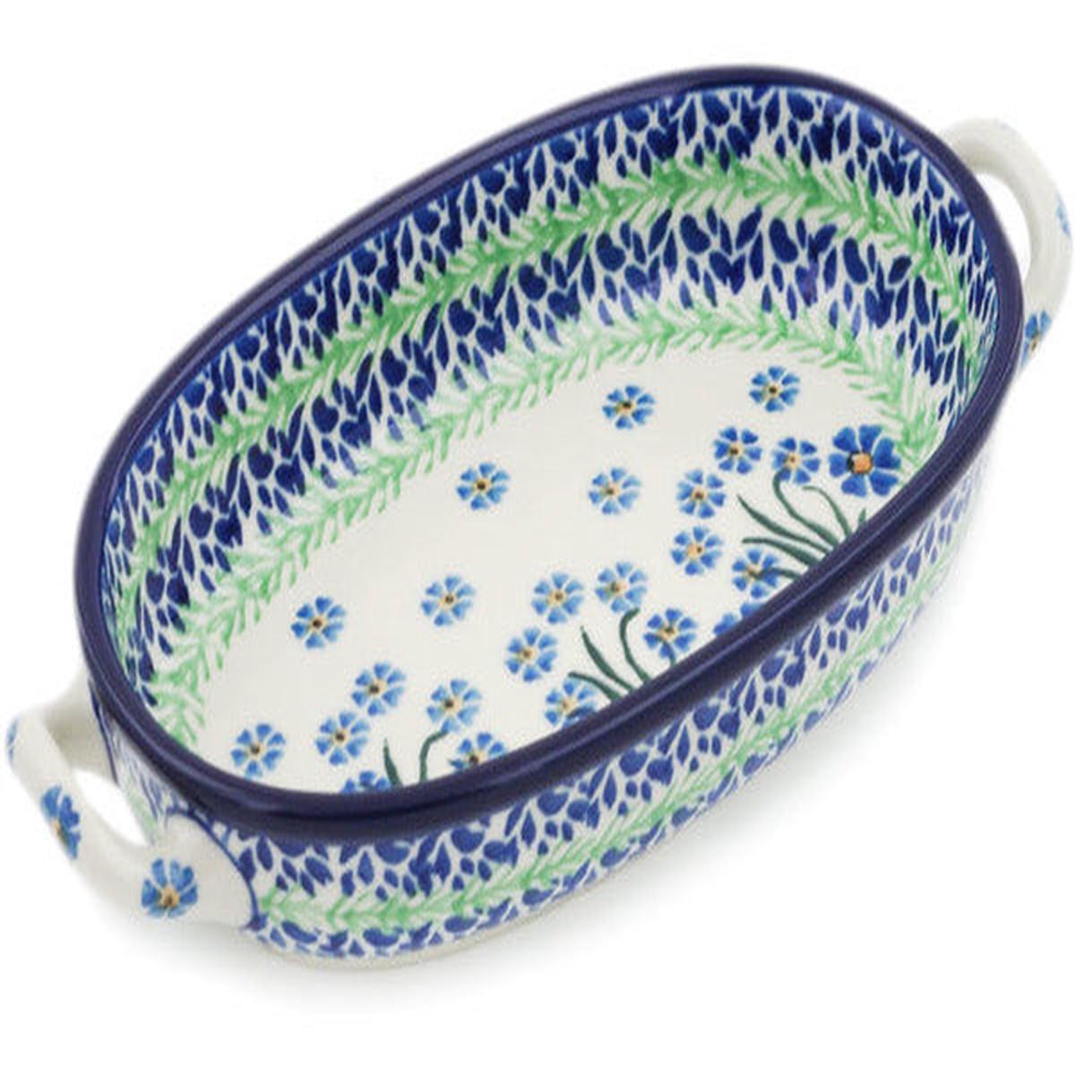 Polish Pottery 8-inch Oval Baker with Handles Blue April Showers