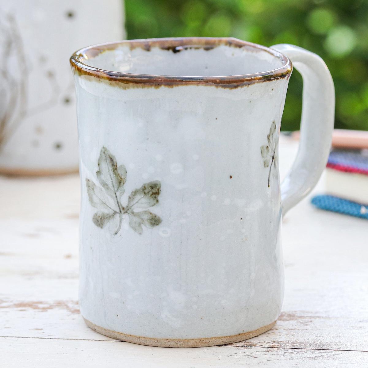Handcrafted Leafy Brown and Grey Crackled Ceramic Mug - Thai Leaves