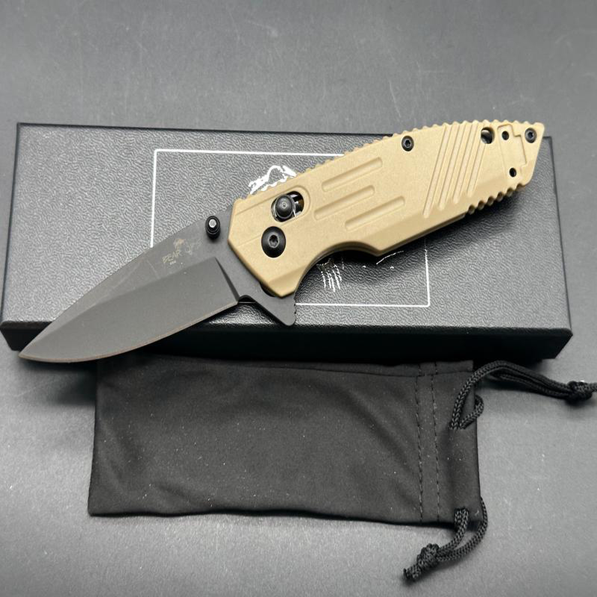 Bear OPS Rancor IX Slide Lock Flipper Knife 2838221 D2 Black Drop Point Blade Desert Sand Zytel Handles AXISCrossbar Lock 8211 MC-950-DS7-B