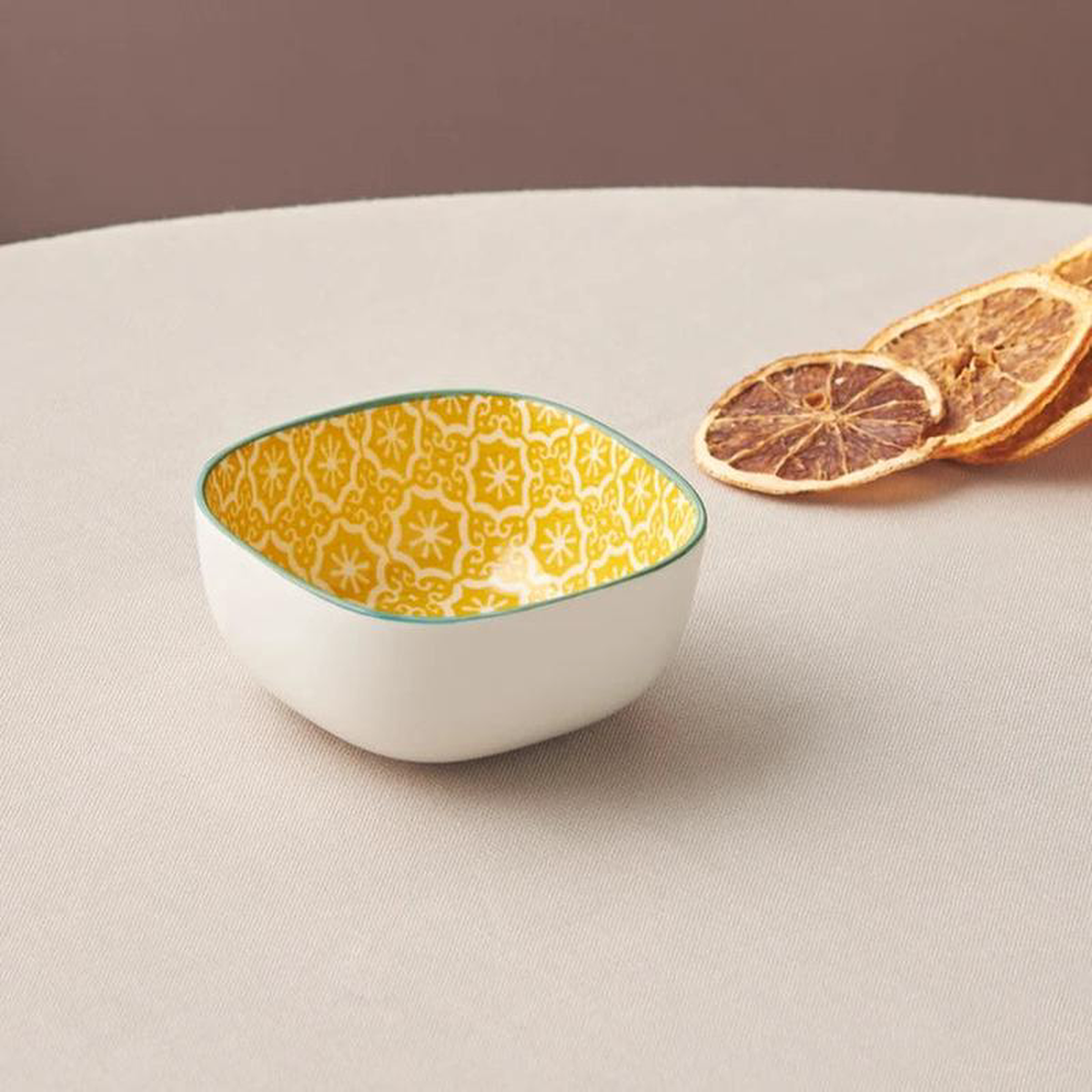 Karaca Floral Porcelain Square Snack Bowl 10cm Yellow