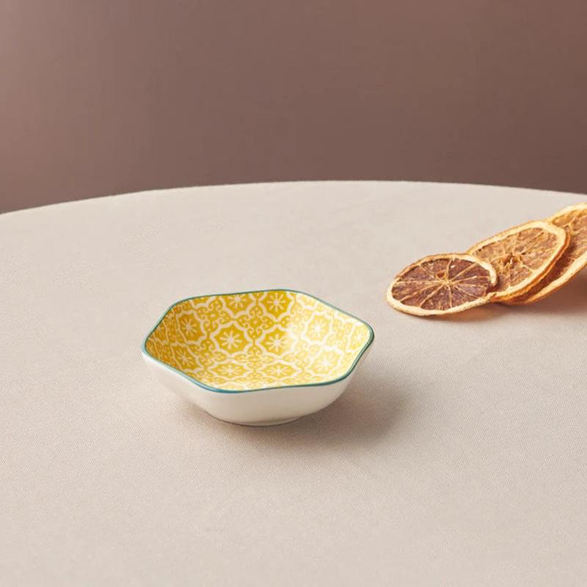 Karaca Floral Porcelain Hexagon Snack Bowl 10cm Yellow